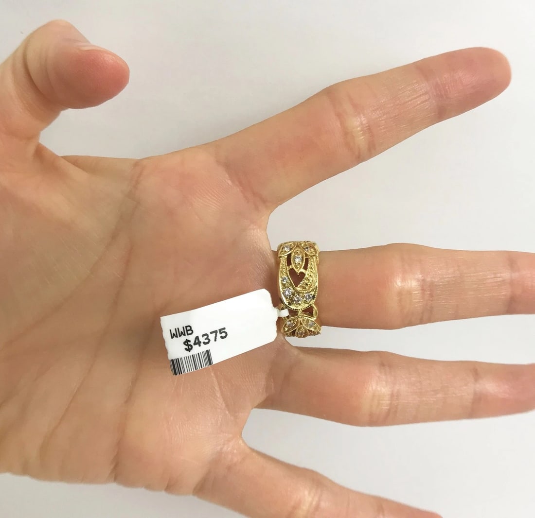 Wide Flower Filigree Diamond Band Ring 18K Yellow Gold, Size 6, 7.88 Grams - 8