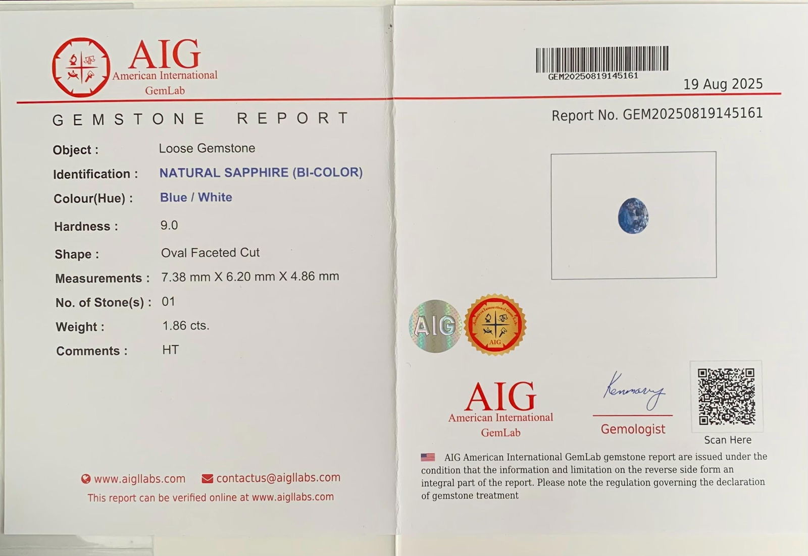AIG Certified Faceted Blue Sapphire: 1.86 Carat Bi Color Oval Cut Gemstone (1 of 5)