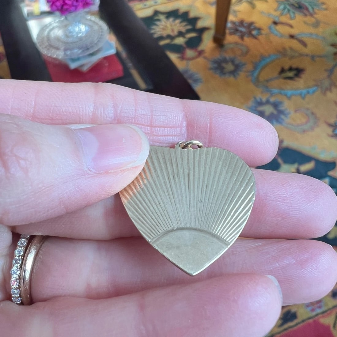 Vintage 1950's Engine Turned Fluted Heart Charm Pendant 14K Yellow Gold, 4.53 Gr - 3