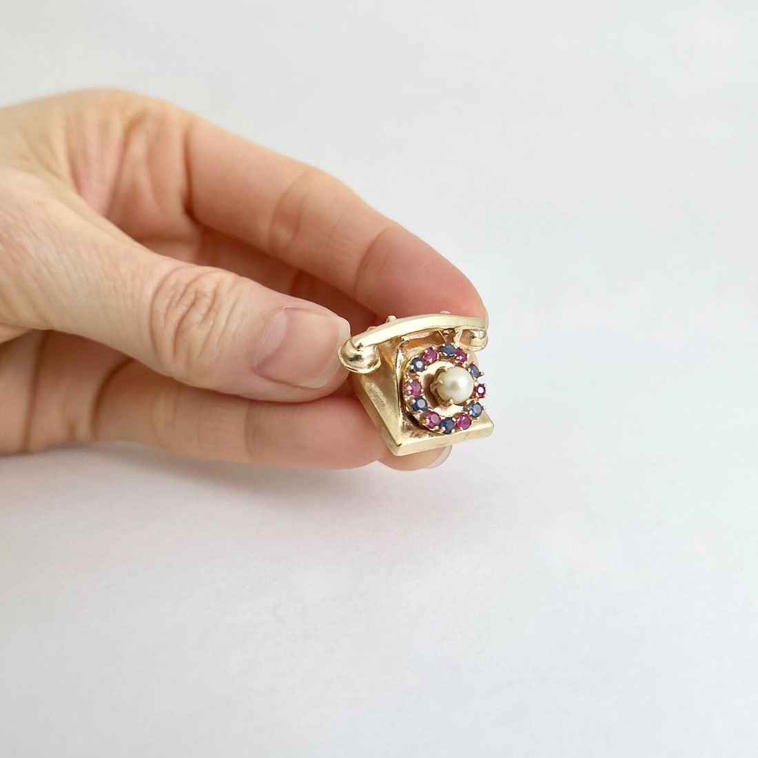Vintage 1950's Pearl Ruby Sapphire Telephone Charm 14K Yellow Gold, 10.64 Grams - 3