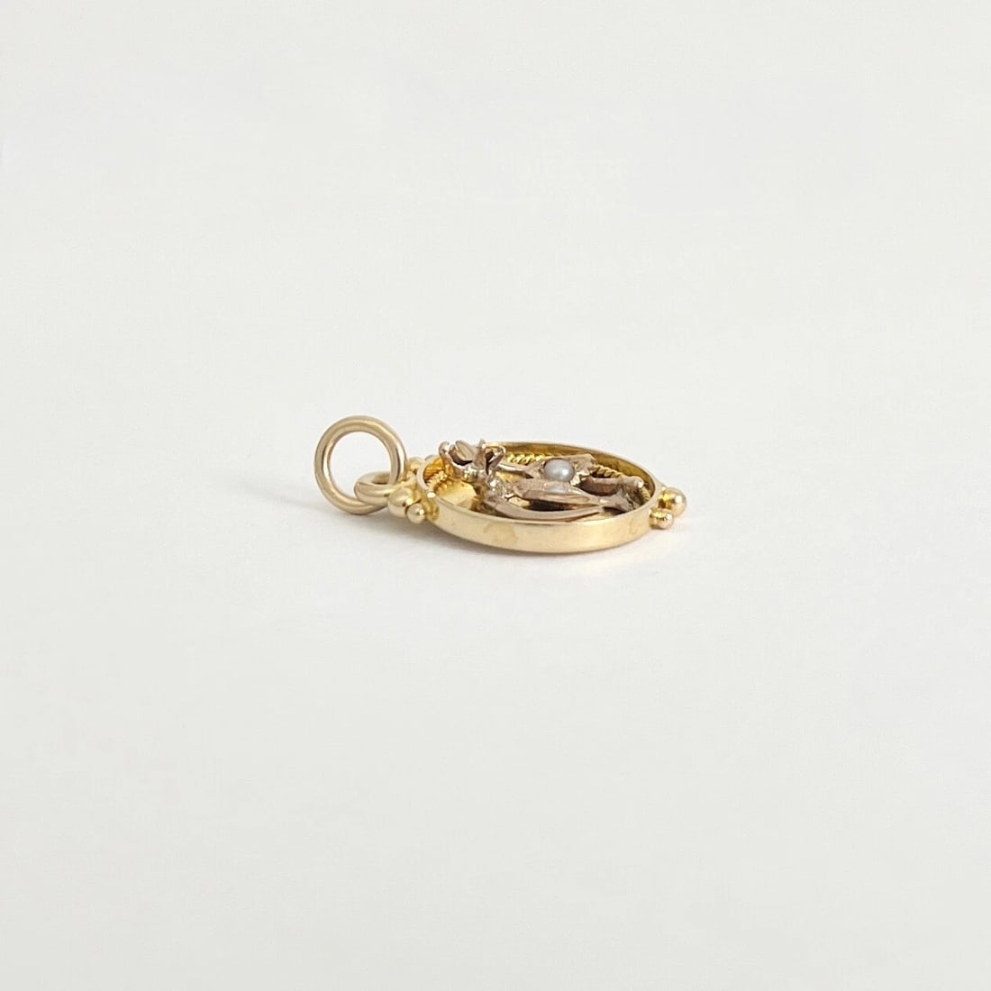 Antique Bird Wishbone Seed Pearl Necklace Pendant Charm 14K Yellow Gold, 1.99 Gr - 8