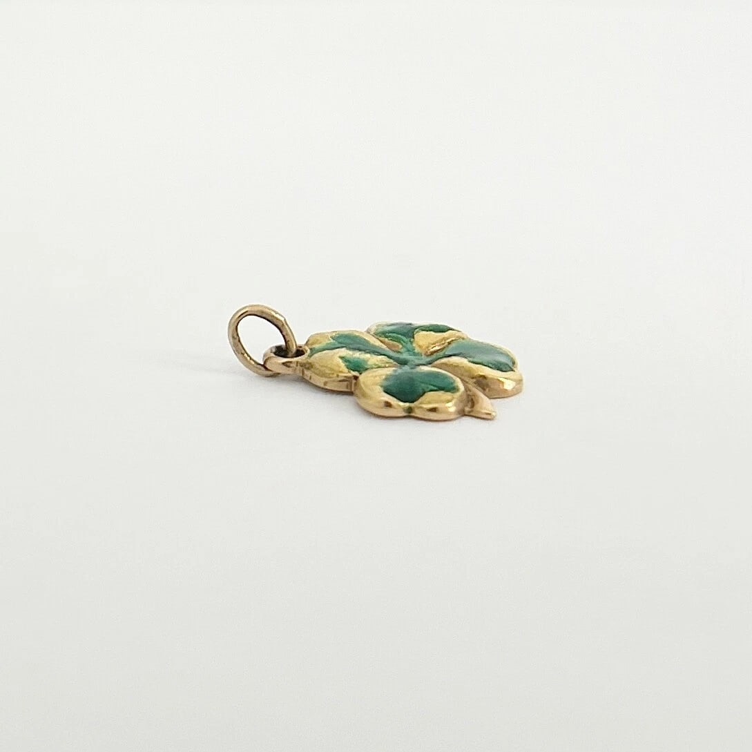 Vintage 1950's Green Enamel Lucky Four-Leaf Charm 14K Yellow Gold, 2.44 Grams - 6
