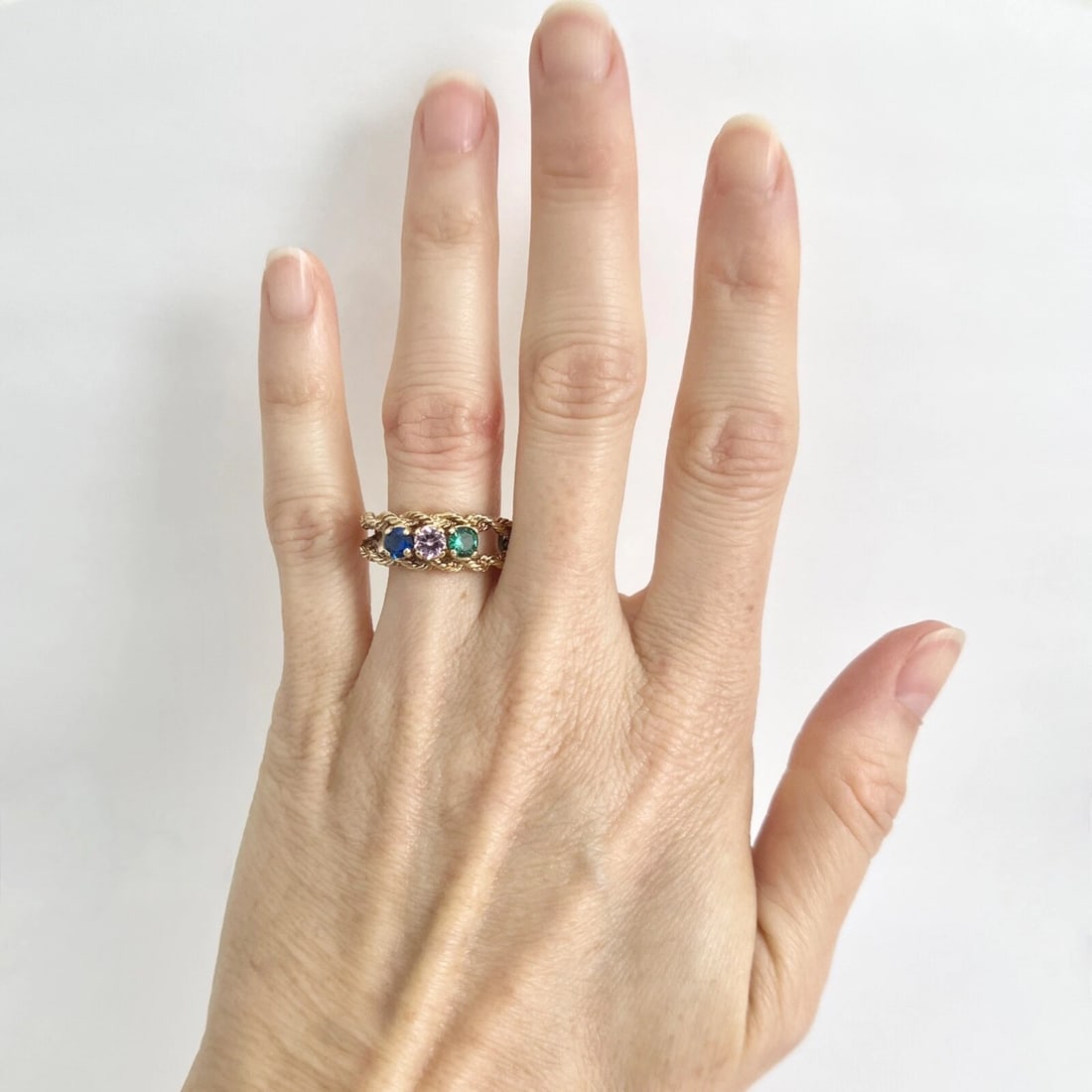 Vintage 3-Stone Multicolor Simulated Sapphire Rope Ring 14K Yellow Gold, 4.42 Gr - 3