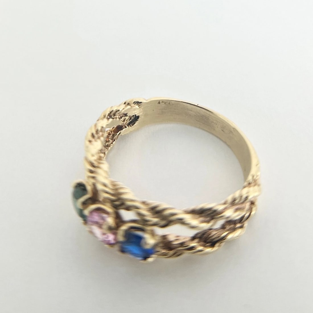 Vintage 3-Stone Multicolor Simulated Sapphire Rope Ring 14K Yellow Gold, 4.42 Gr - 9