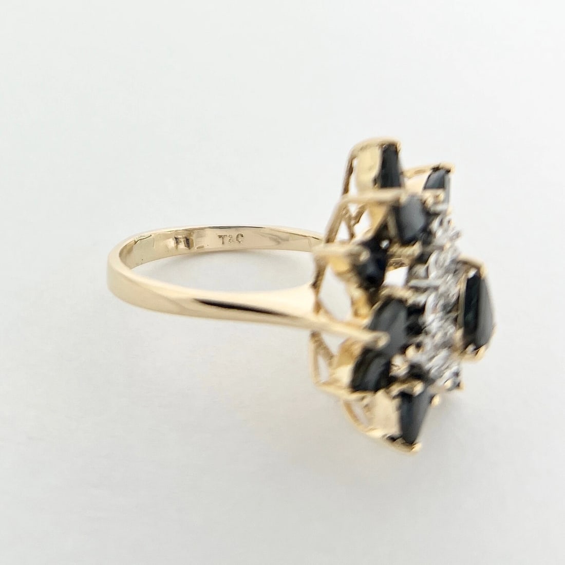 Vintage Pear Blue Sapphire Diamond Cocktail Ring 14K Yellow Gold, 4.38 Grams - 10