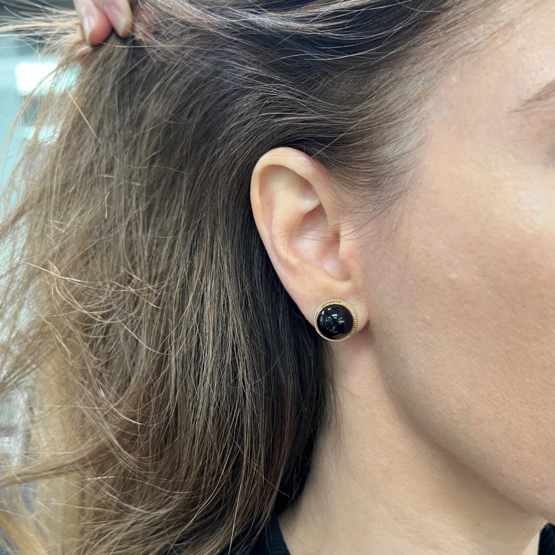 Vintage 1950's Round Black Onyx Drop Stud Earrings 14K Yellow Gold, 5.38 Grams - 5