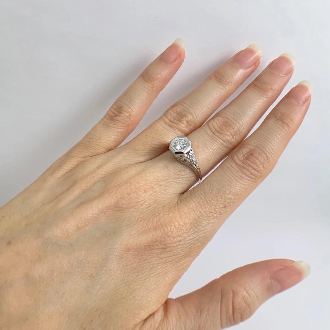 Antique Art Deco Round Diamond Filigree Engagement Ring 18K White Gold, 2.86 Gr - 5