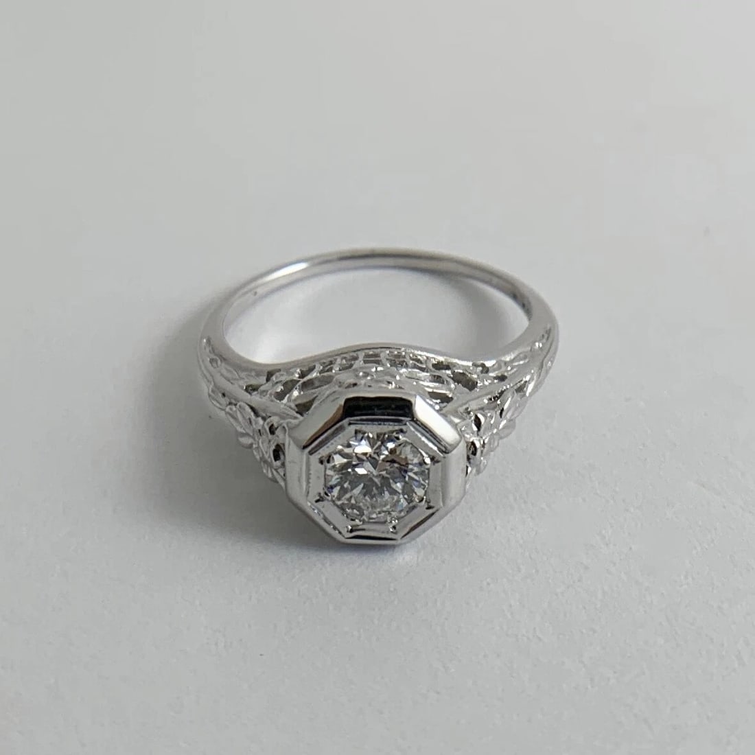 Antique Art Deco Round Diamond Filigree Engagement Ring 18K White Gold, 2.86 Gr - 7