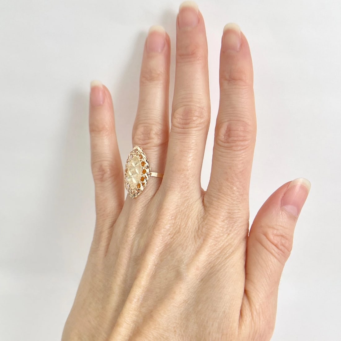 Vintage Filigree Pointed Navette Statement Ring 14K Rose Yellow Gold, 1.37 Grams - 4