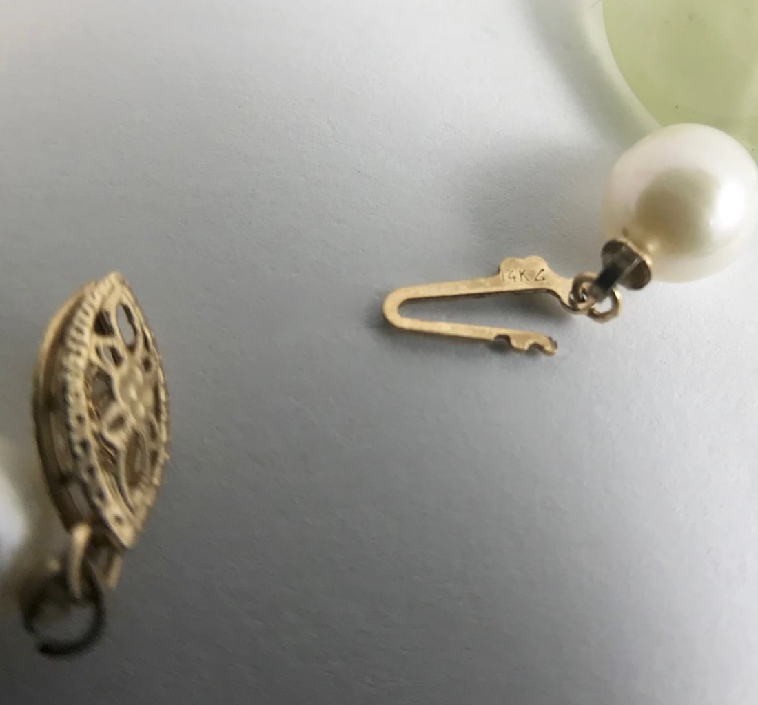 Vintage Green Jade Pearl Necklace 14K Yellow Gold, 15.5 Inches, 65.17 Grams - 13