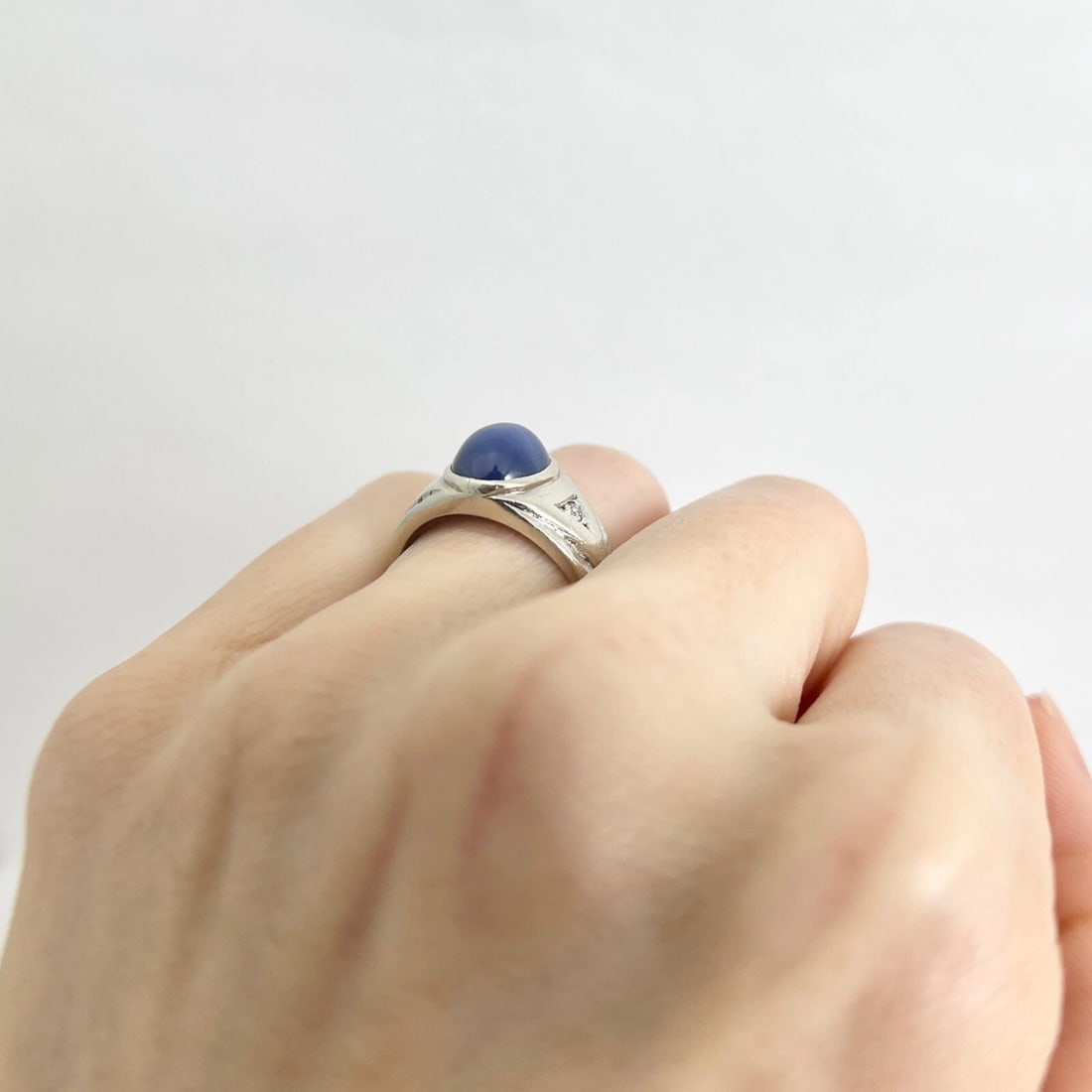 Vintage 1960s Blue Lab-Created Star Sapphire Diamond Ring 14K White Gold 6.07 Gr - 7