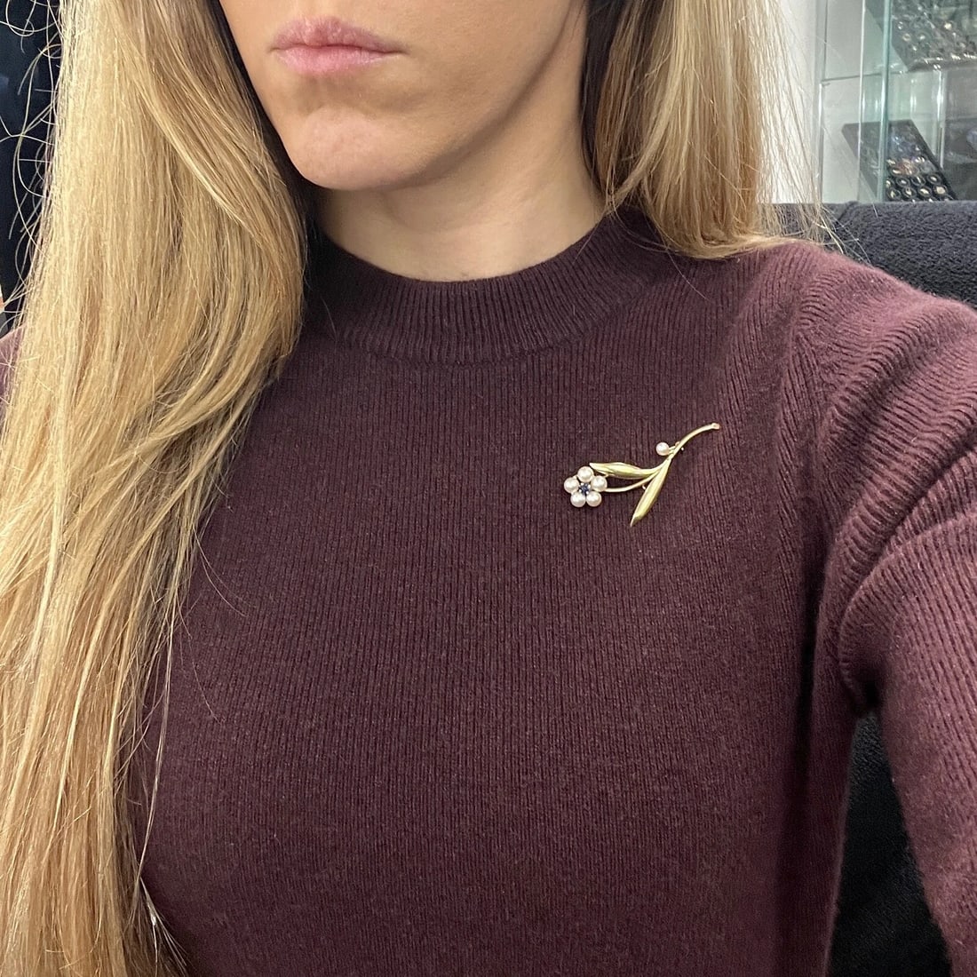 Vintage 1950's Pearl Blue Topaz Flower Brooch Pin 14K Yellow Gold, 4.95 Grams - 5