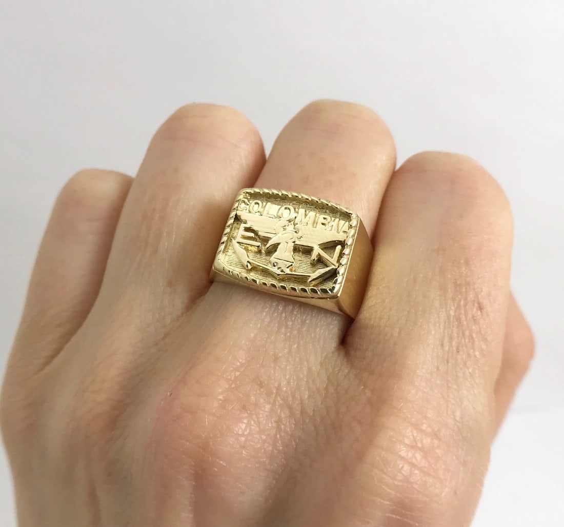 Vintage Men's Colombia Flat Top Ring 14K Yellow Gold, Size 10.25, 12.52 Grams - 6