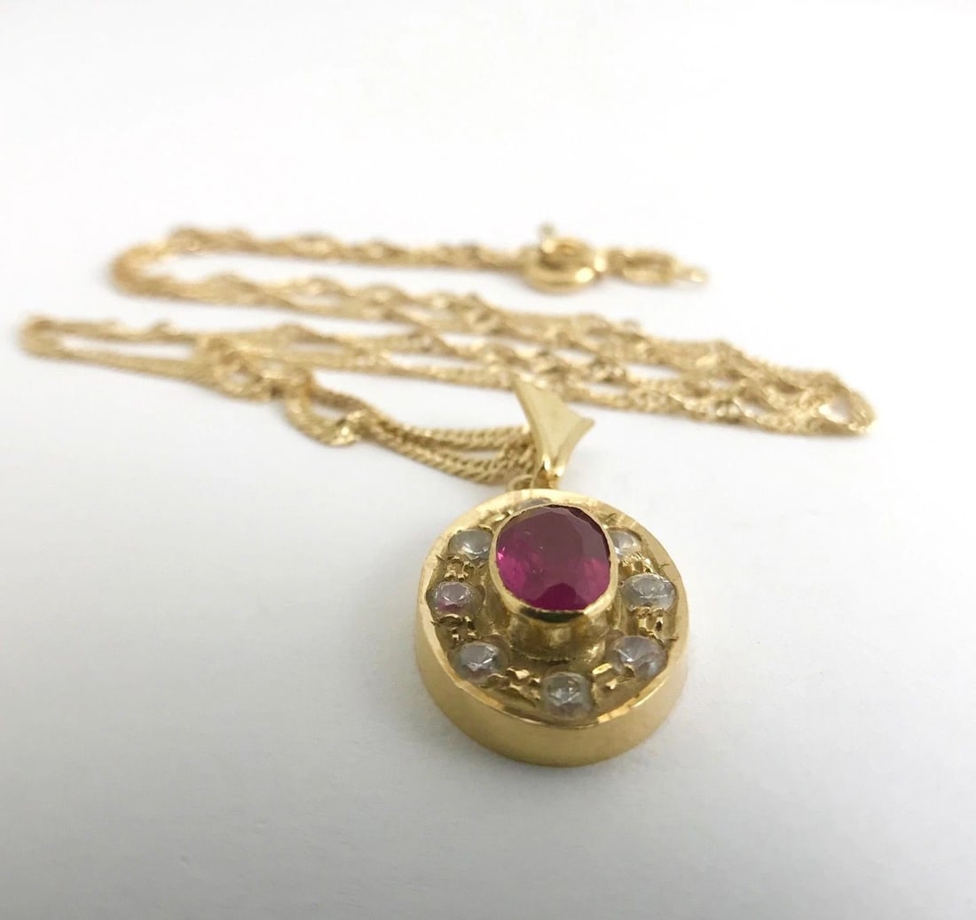 Vintage Oval Simulated Ruby CZ Halo Pendant Necklace 18K Yellow Gold, 5.47 Grams - 7