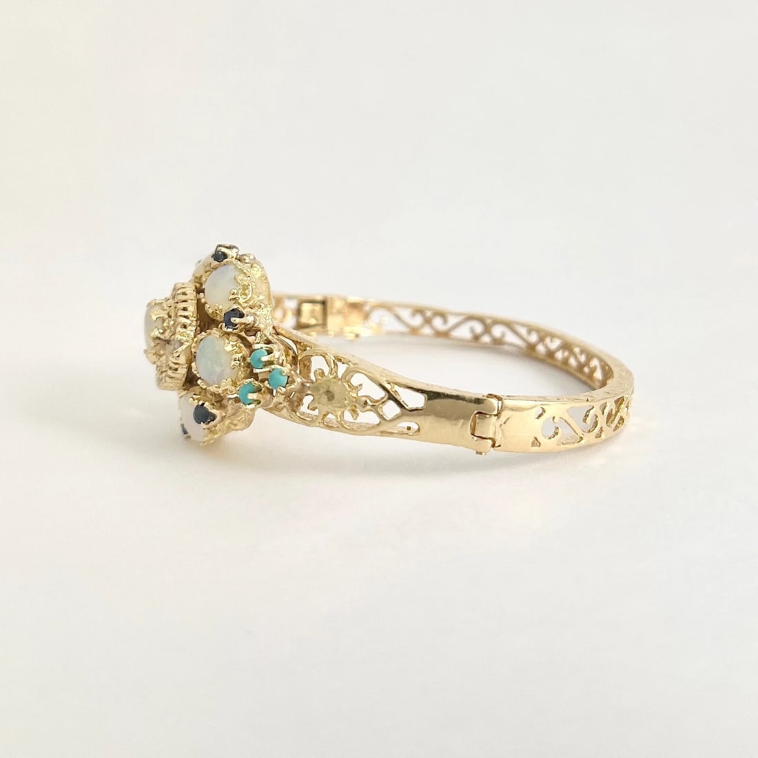 Vintage 1950's Opal Diamond Turquoise Bangle Bracelet 14K Yellow Gold, 24.99 Gr - 10