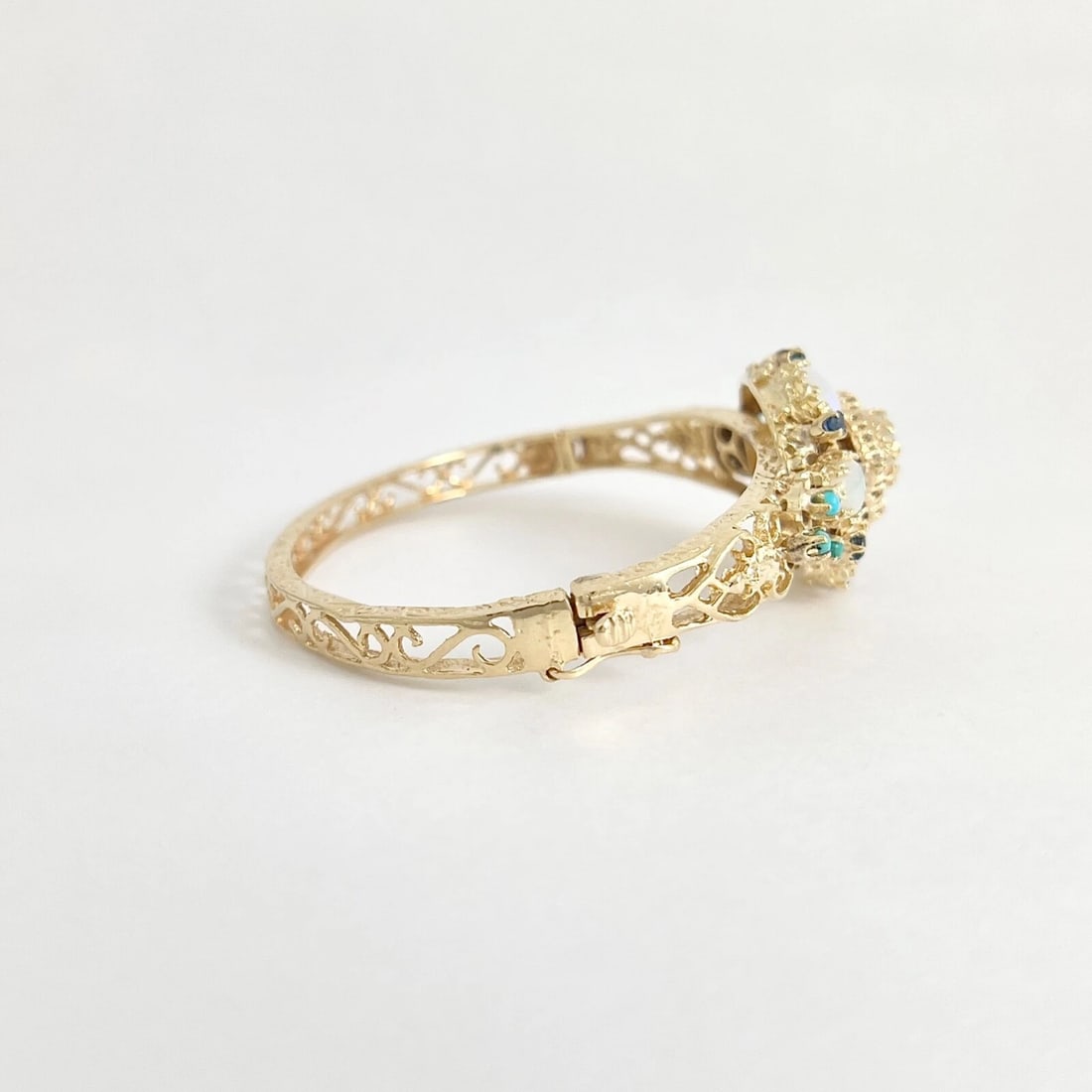 Vintage 1950's Opal Diamond Turquoise Bangle Bracelet 14K Yellow Gold, 24.99 Gr - 7