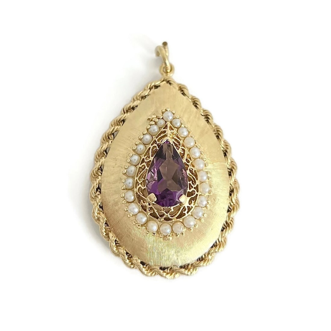 Vintage Purple Amethyst Pearl Teardrop Locket Pendant 14K Yellow Gold, 19.79 Gr - 2