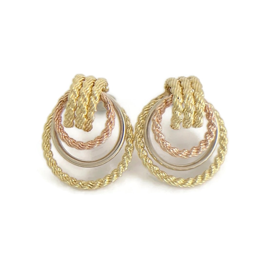 Vintage Tri-Color Circle Dangle Drop Earrings 14K Yellow Rose White Gold 3.34 Gr: "Vintage Tri-Color Circle Dangle Drop Earrings 14K Yellow Rose White Gold 3.34 Gr These are beautiful vintage earrings! Please let us know if you have any questions. Metal: 14K yellow, rose, white gol