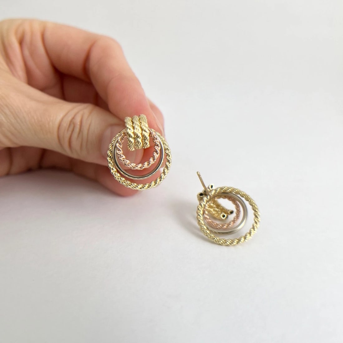 Vintage Tri-Color Circle Dangle Drop Earrings 14K Yellow Rose White Gold 3.34 Gr - 4