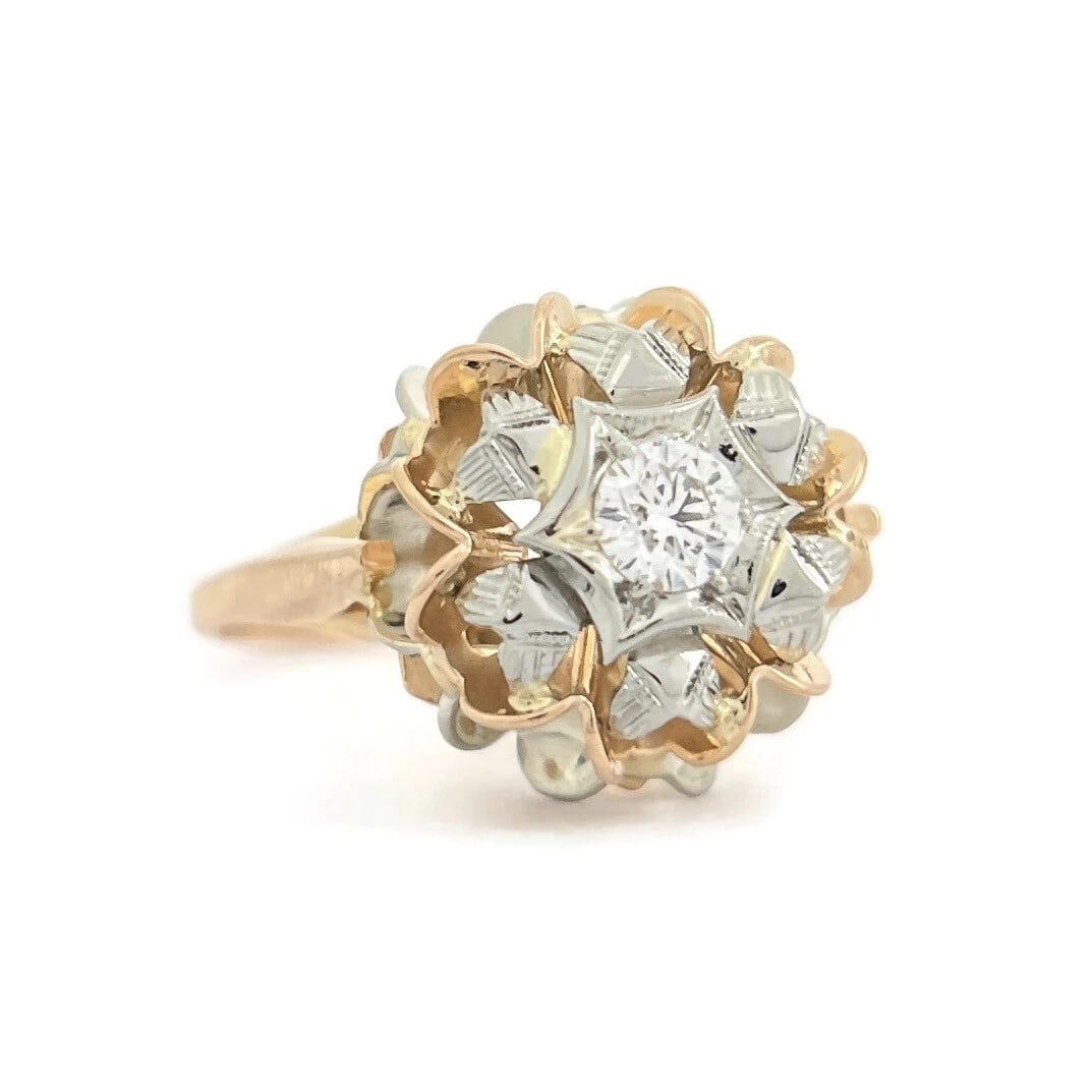 Vintage 1950's Diamond Two-Tone Dome Cocktail Ring 18K Rose White Gold, 5.47 Gr: "Vintage 1950's Diamond Two-Tone Dome Cocktail Ring 18K Rose White Gold, 5.47 Gr This ring is a beautiful and unique ring! Please let us know if you have any questions. Circa: 1950's Diamonds: 1 round