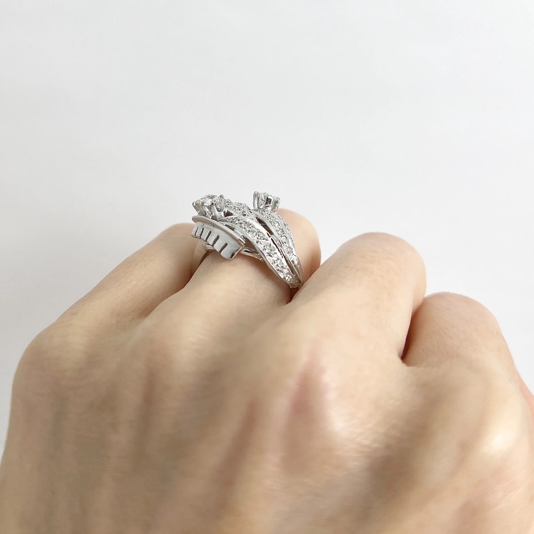 Vintage 1940's 1950's Asymmetrical Diamond Cocktail Ring 14K White Gold, 6.22 Gr - 6