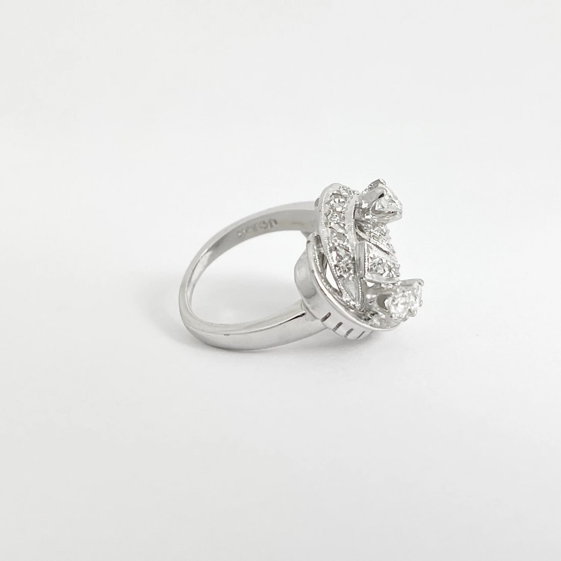 Vintage 1940's 1950's Asymmetrical Diamond Cocktail Ring 14K White Gold, 6.22 Gr - 7