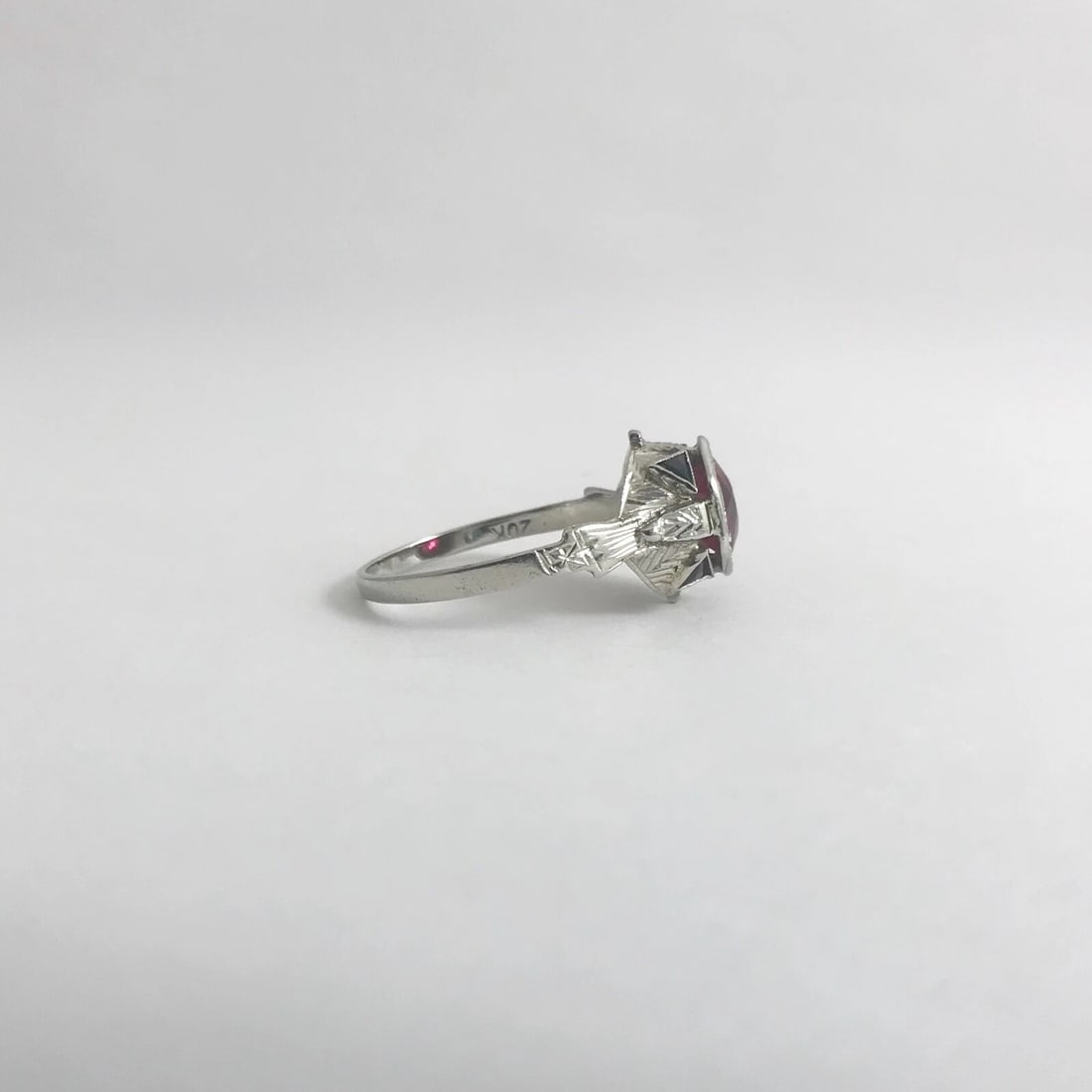 Antique Art Deco Lab-Created Ruby Blue Sapphire Ring 18K White Gold, 2.96 Grams - 10
