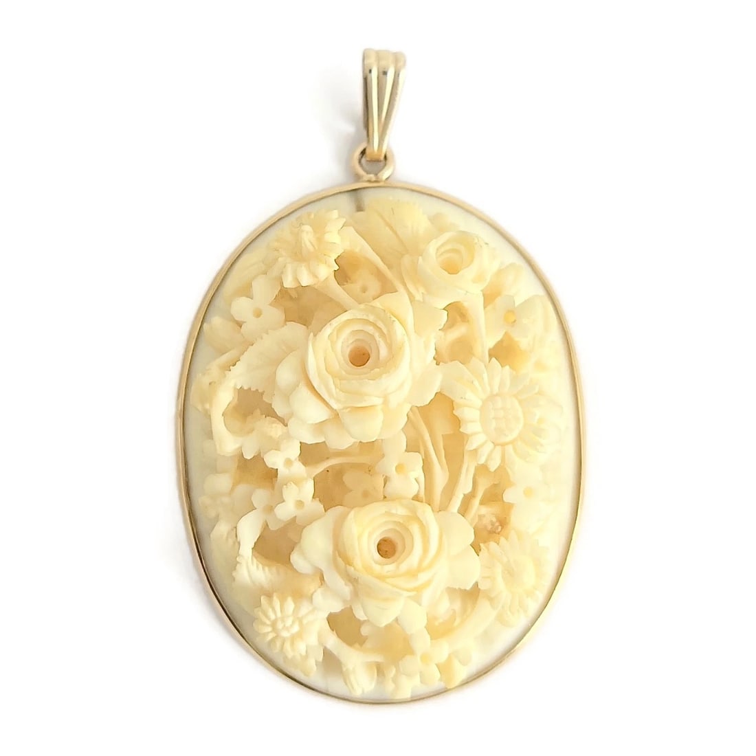 Vintage 1930's Oval Floral Ivory-Colored Celluloid Pendant Gold-Filled, 12.09 Gr - 2