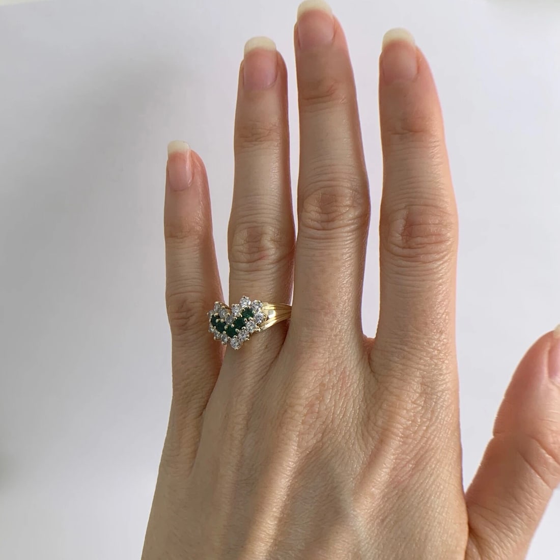 Vintage Green Emerald Diamond Chevron Statement Ring 14K Yellow Gold, 4.77 Grams - 4