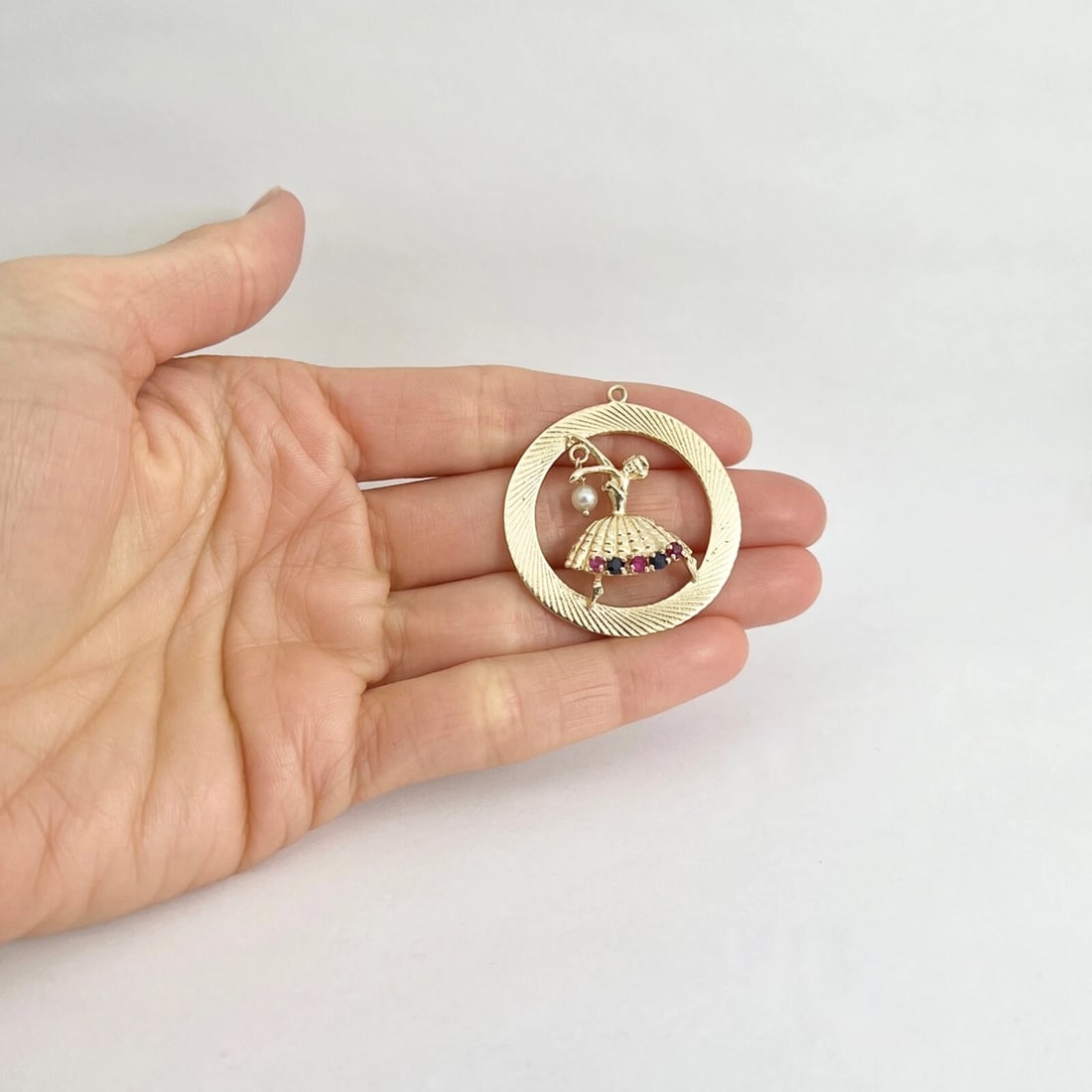 Vintage 1950's Pearl Ruby Sapphire Dancing Lady Charm 14K Yellow Gold, 8.22 Gr - 4