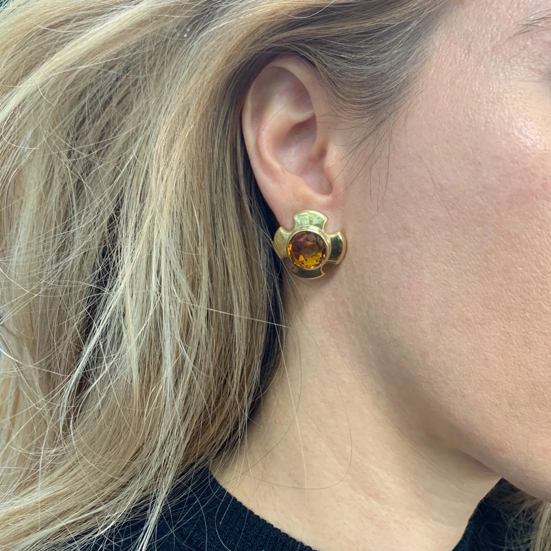 Vintage 1960s Citrine Geometric Drop Stud Earrings 18K Yellow Gold, 13.98 Grams - 5