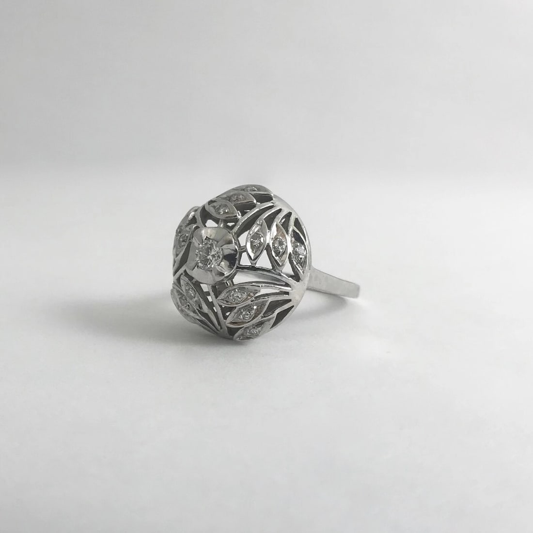 Vintage 1940's Diamond Filigree Dome Cocktail Ring 12K White Gold, 6.69 Grams - 12