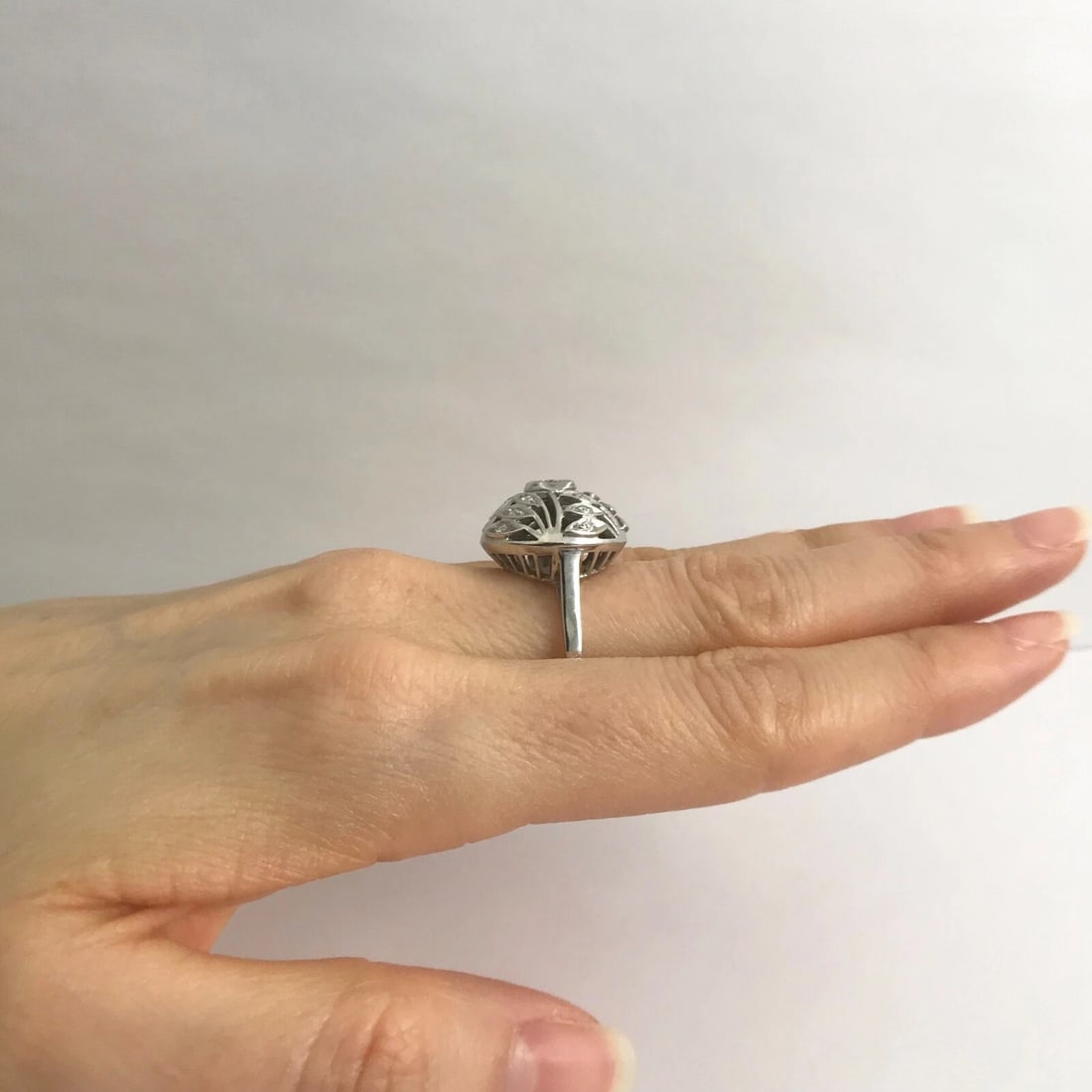 Vintage 1940's Diamond Filigree Dome Cocktail Ring 12K White Gold, 6.69 Grams - 6