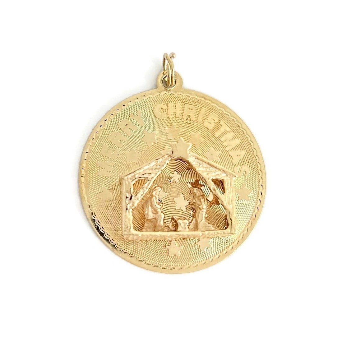Vintage 1960's Merry Christmas Nativity Charm Pendant 14K Yellow Gold, 4.64 Gram: "Vintage 1960's Merry Christmas Nativity Charm Pendant 14K Yellow Gold, 4.64 Gram This is such a unique charm with the original engraving. This pendant that can fit on the chain of your choice. Please