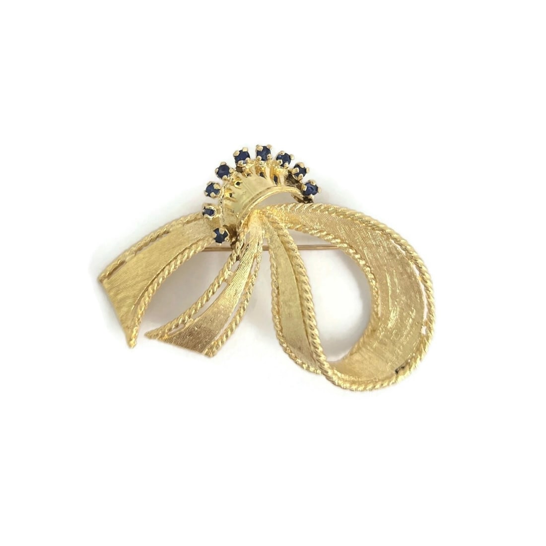 Vintage 1940's 1950's Sapphire Ribbon Bow Brooch 14K Yellow Gold, 10.54 Grams - 2