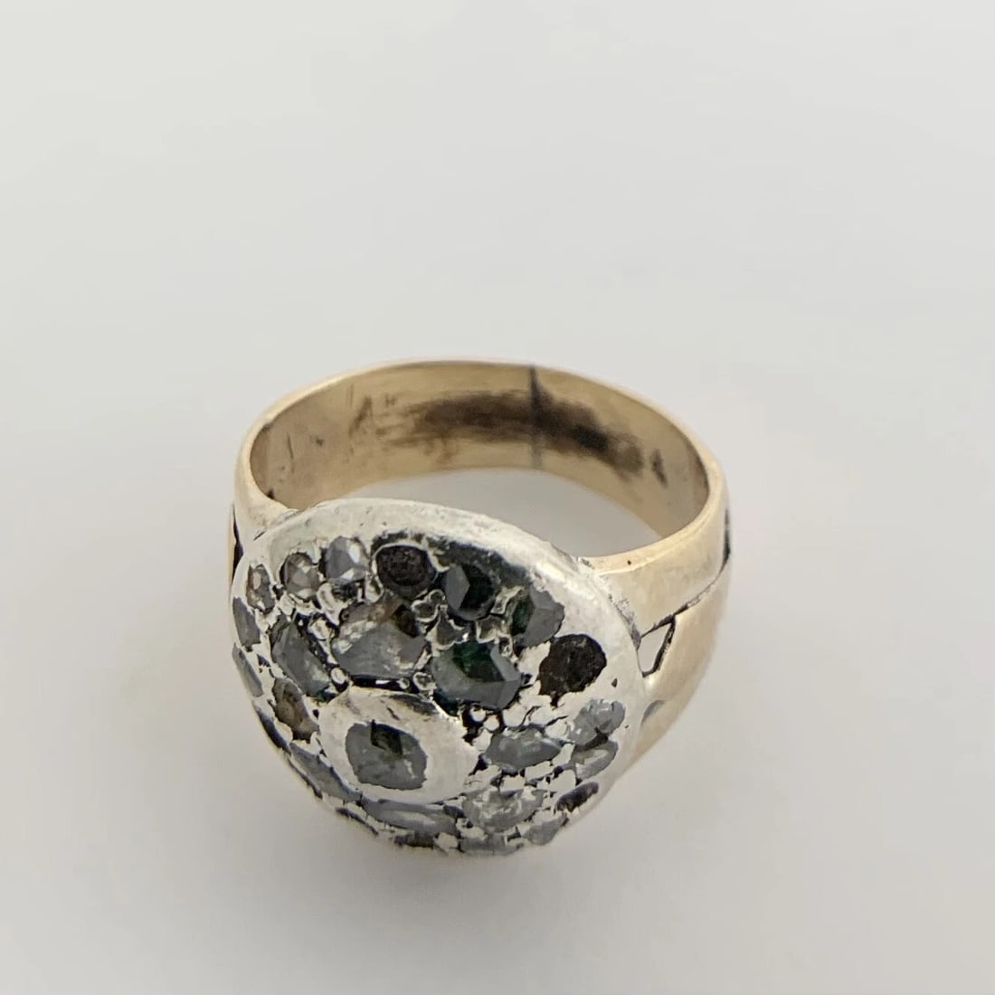 Antique Victorian Pave Green Diamond Round Ring 14K Yellow Gold Silver, 6.44 Gr - 11