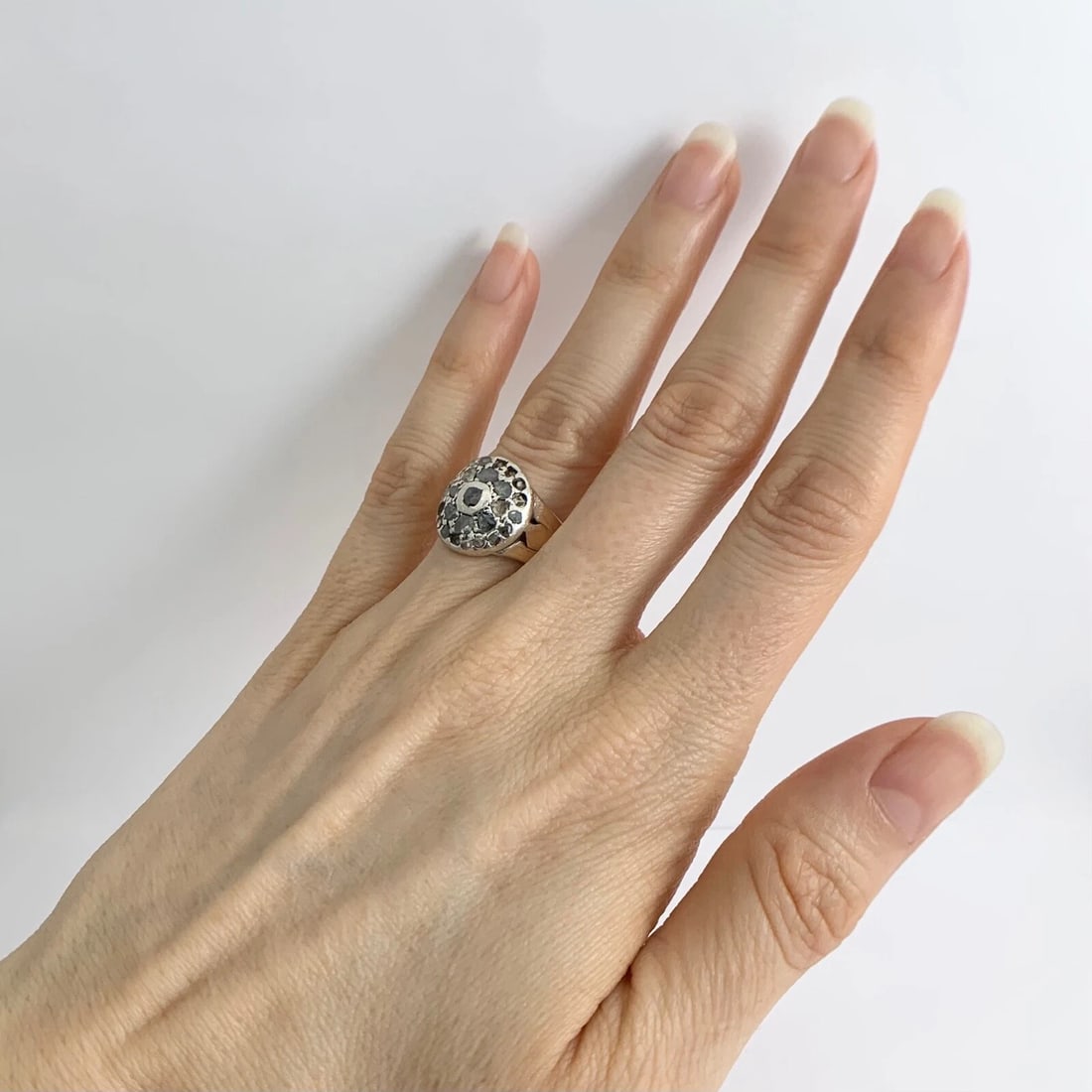 Antique Victorian Pave Green Diamond Round Ring 14K Yellow Gold Silver, 6.44 Gr - 5