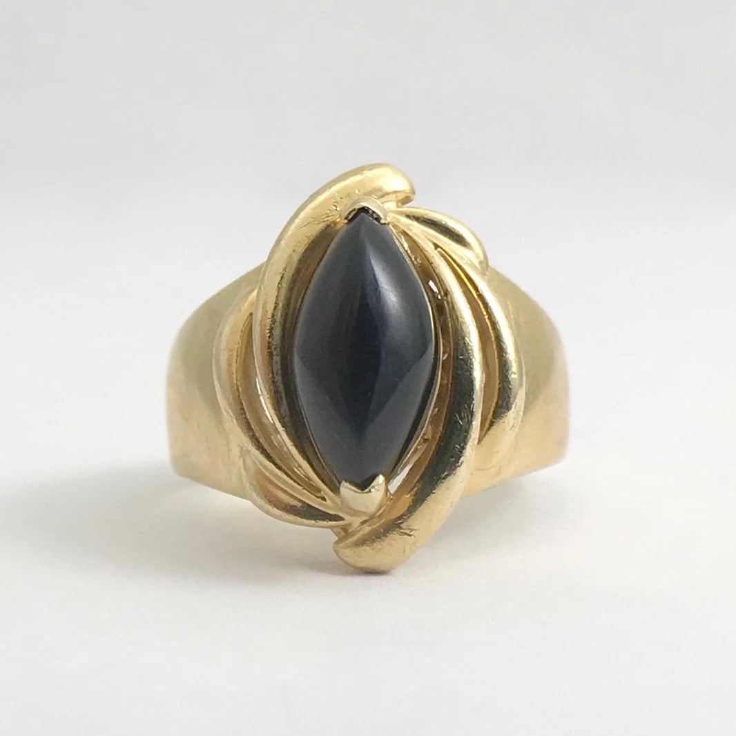 Vintage Marquise Black Onyx Cocktail Ring 14K Yellow Gold, Size 5.5, 5.9 Grams - 7