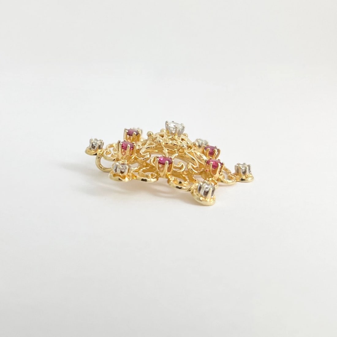 Vintage 1960's Ruby Diamond Filigree Necklace Pendant 14K Yellow Gold 6.97 Gr - 6