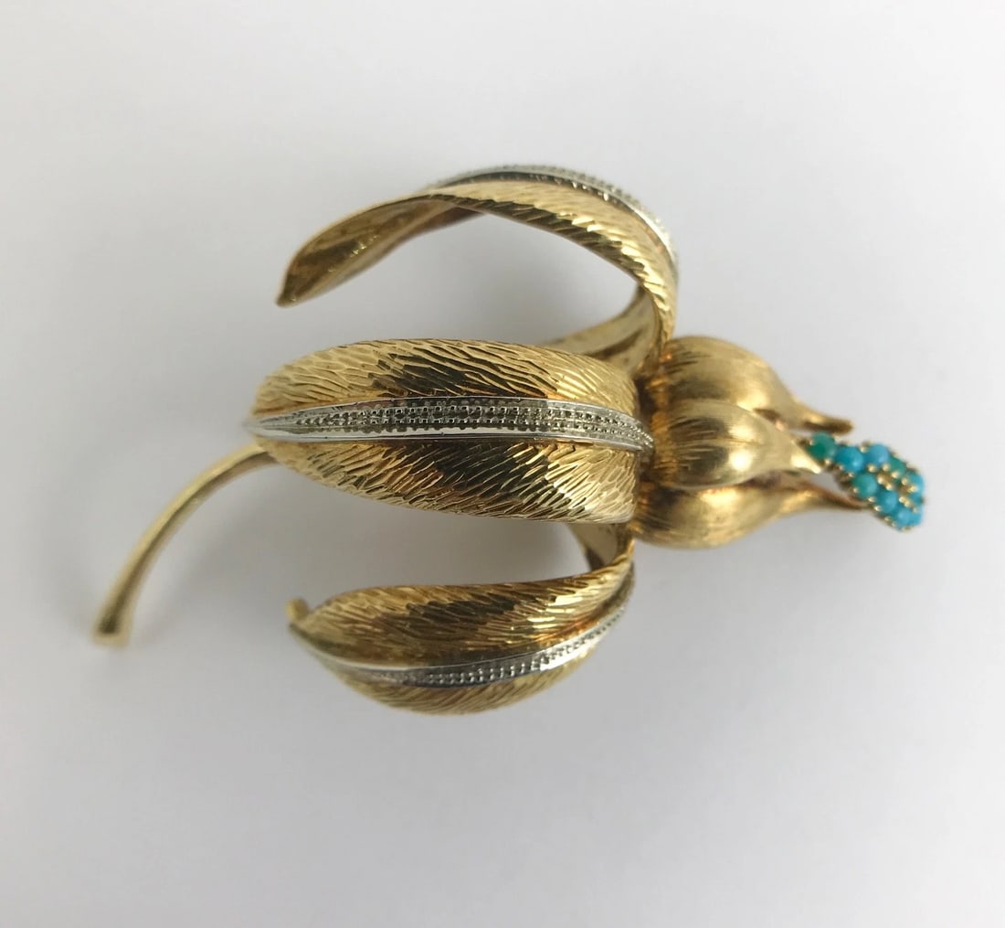 Vintage 1950's Turquoise Flower Brooch Pin in 18K Yellow Gold, 19 Grams - 8