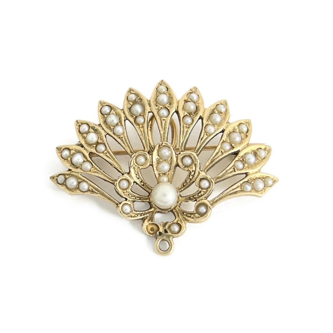 Vintage 1930's Seed Pearl Fan Brooch Pin Pendant 14K Yellow Gold, 7.19 Grams - 2