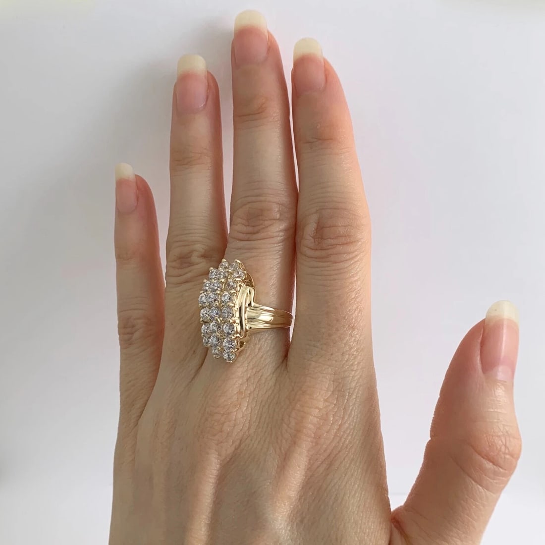 Vintage CZ Cubic Zirconia Long Cluster Cocktail Ring 14K Yellow Gold, 7.44 Gr - 4