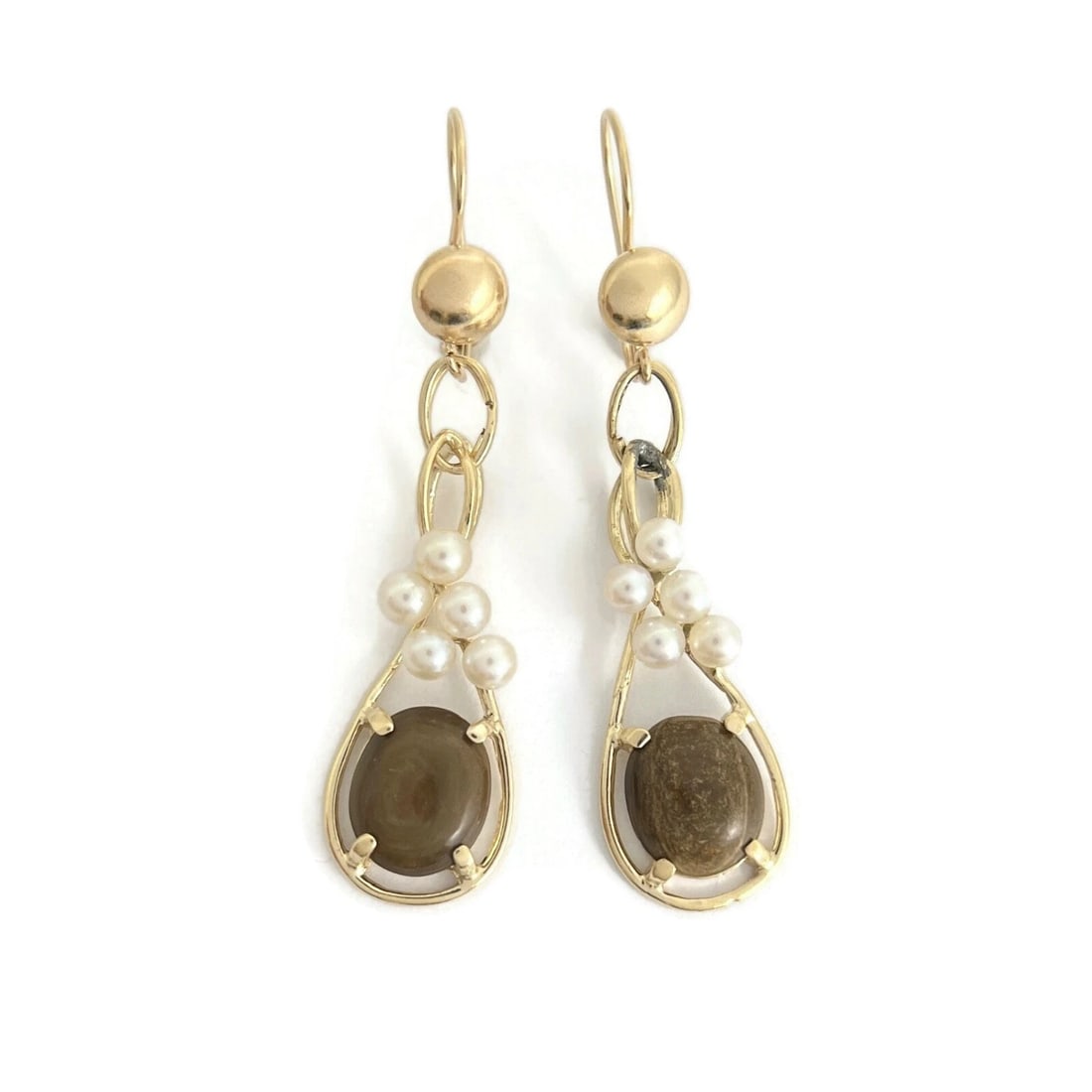 Vintage Oval Brown Jade Pearl Dangle Drop Earrings 14K Yellow Gold, 5.57 Grams (1 of 8)