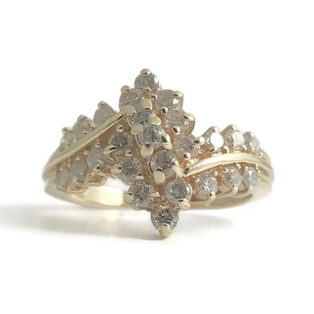 Vintage Diamond Zigzag Cluster Cocktail Ring 14K Yellow Gold, .65 CTW, 5.10 Gram: "Vintage Diamond Zigzag Cluster Cocktail Ring 14K Yellow Gold, .65 CTW, 5.10 Grams This ring is a gorgeous vintage estate piece! Please let us know if you have any questions. Diamonds: 26 round