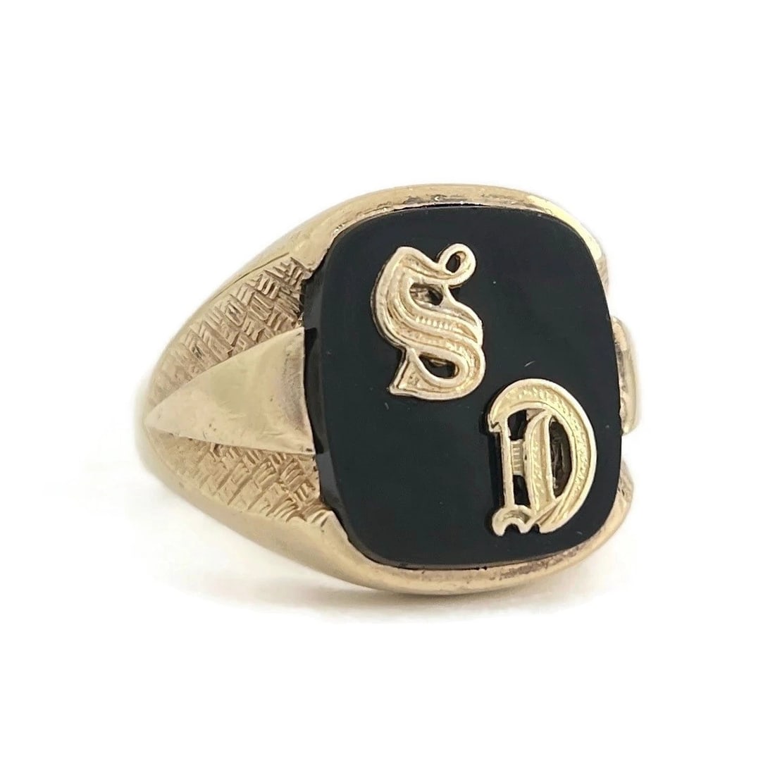 Vintage 1950's Men's SD Letter Black Onyx Signet Ring 10K Yellow Gold, 10.16 Gr: "Vintage 1950's Men's SD Letter Black Onyx Signet Ring 10K Yellow Gold, 10.16 Gr This is a unique statement ring! Any questions please do not hesitate to ask. Circa: 1950's Gemstones: 1 black onyx, 15