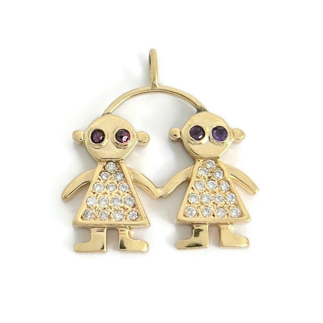 Vintage Diamond Gemstone Birthstone Girl Child Pendant 14K Yellow Gold 5.52 Gram: "Vintage Diamond Gemstone Birthstone Girl Child Pendant 14K Yellow Gold 5.52 Gram This is a lovely birthstone necklace pendant of two girls. Please let us know if you have any questions. Circa: 1980's