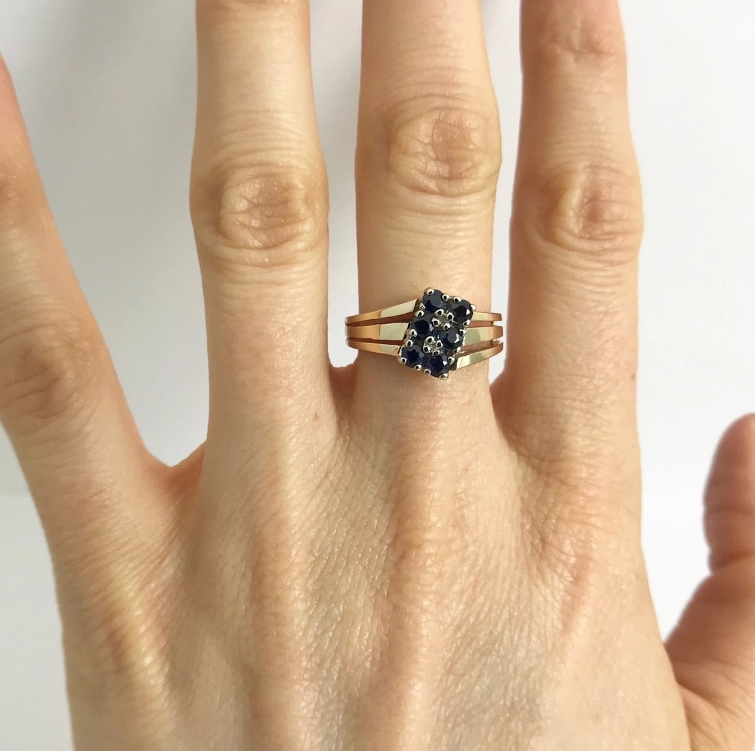 Vintage Blue Sapphire Cluster Cocktail Ring 14K Yellow Gold, Size 5.5, 4.28 Gram - 4