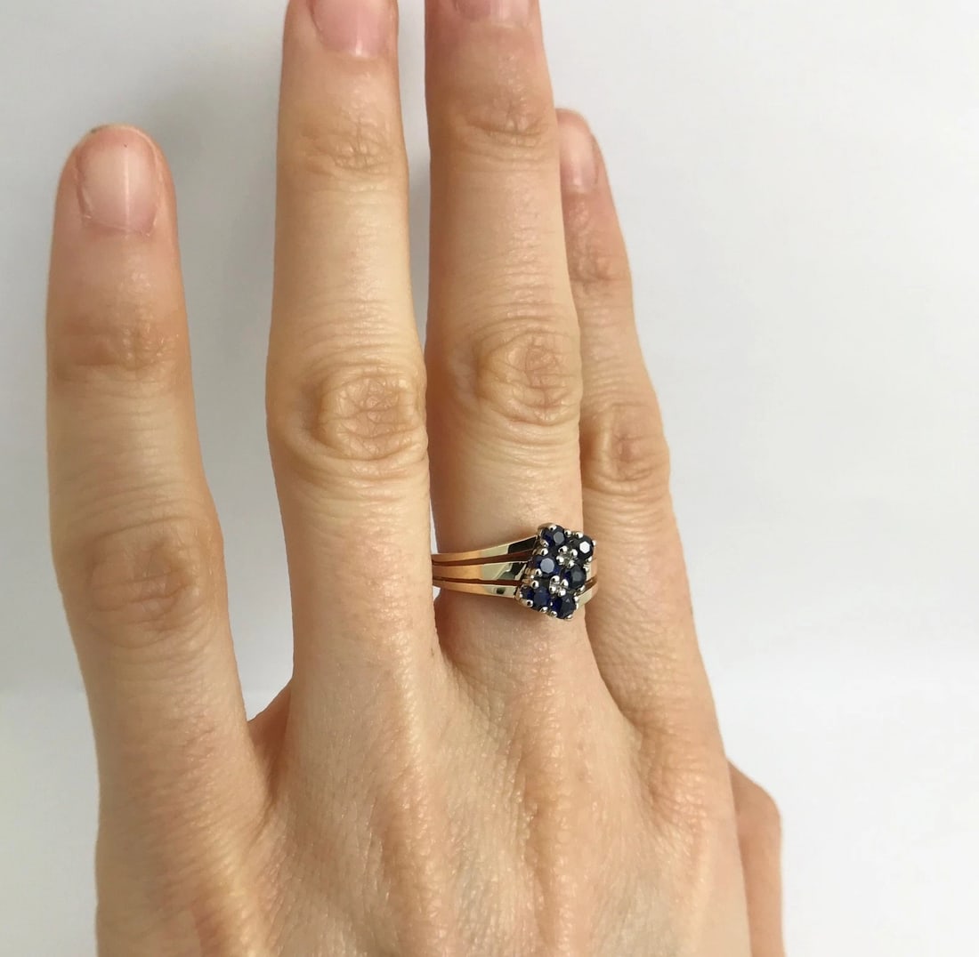 Vintage Blue Sapphire Cluster Cocktail Ring 14K Yellow Gold, Size 5.5, 4.28 Gram - 6