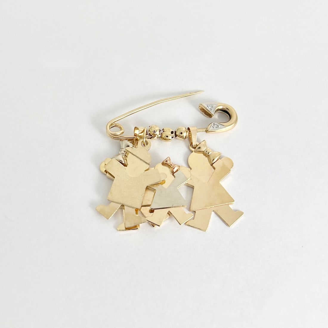 Vintage Diamond Family Safety Pin Brooch 14K Yellow Gold, 11.02 Grams - 7