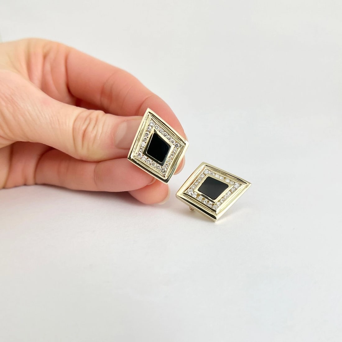 Vintage Geometric Black Onyx Diamond Drop Earrings 14K Yellow Gold, 9.82 Gram - 3